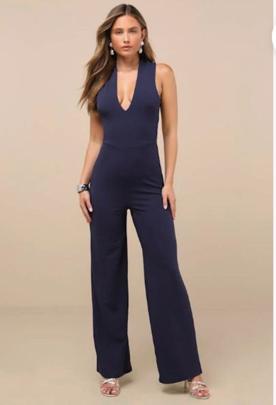 Lulus Thinking Out Loud Navy Blue Backless Jumpsuit XL Wide Leg Open Back Formal